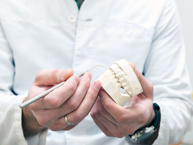 dentista trabajando con molde de dientes